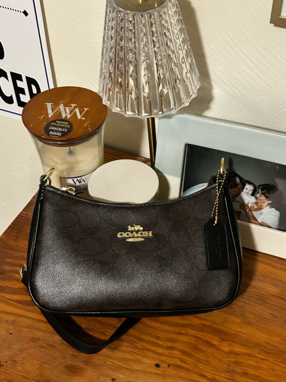 COACH Dark Brown Signature Teri Shoulder Bag with Gold Hardware